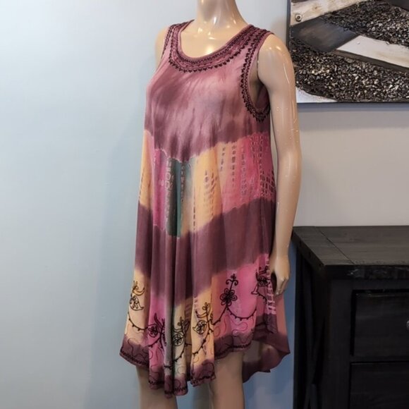 India Boutique Tie Dye Rayon Dress Umbrella Cover Up Embroidered Sleeveless O/S - Picture 8 of 16